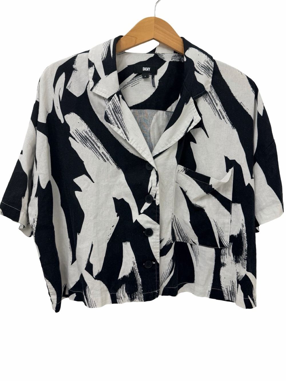 DKNY Women's Linen shirt Cropped Short-Sleeve Black and White Medium - Picture 3 of 5